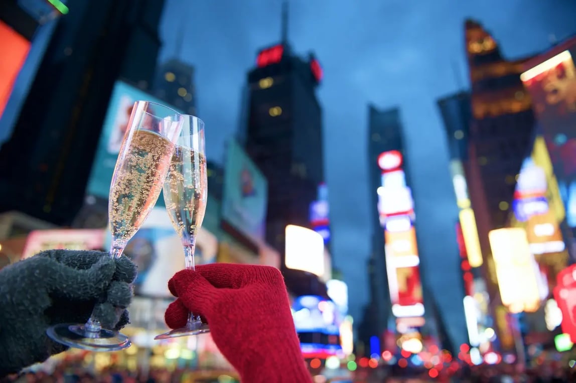 New Year champagne toast couple in Times Square - Image by lazyllama